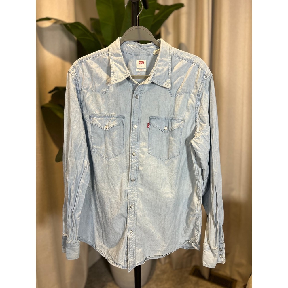 Levis Mens Light Wash Acid Denim Western Snap Front Shirt Large Standard Fit